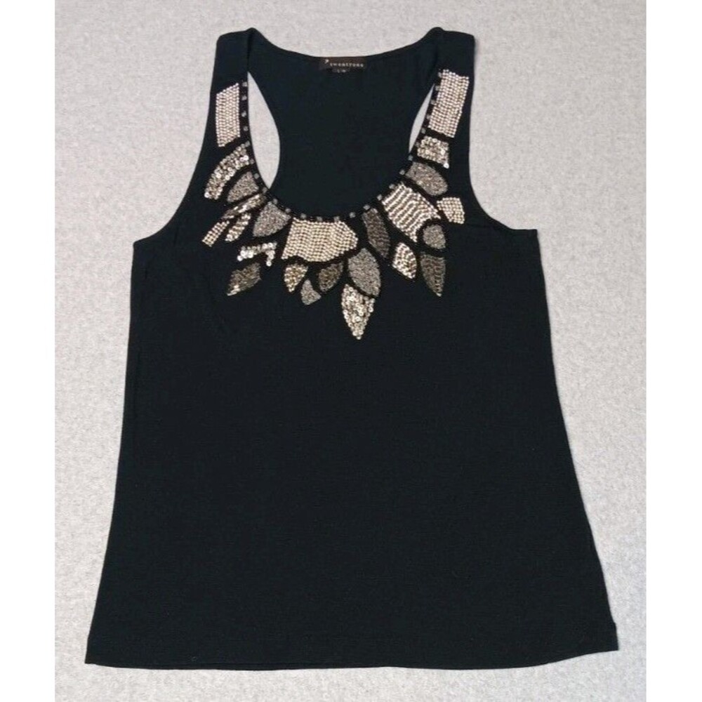 Twenty One Sleeveless Racerback Beaded Sequin Embellished Tank Top L Black Y2K